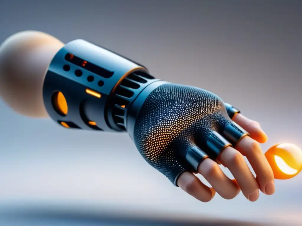 Una prótesis personalizada de bioimpresión 3D con diseño futurista y detalles intrincados, destacando su tecnología avanzada