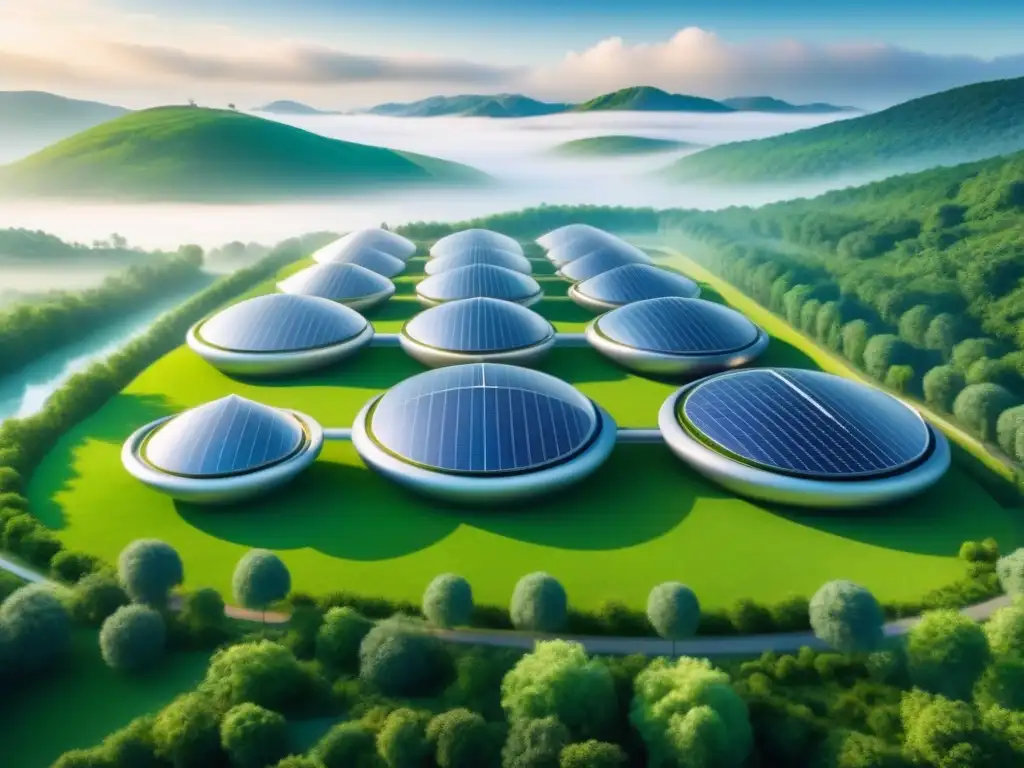 Proyecto pionero en bioenergía sostenible: planta futurista integrada en paisaje verde con tecnología avanzada