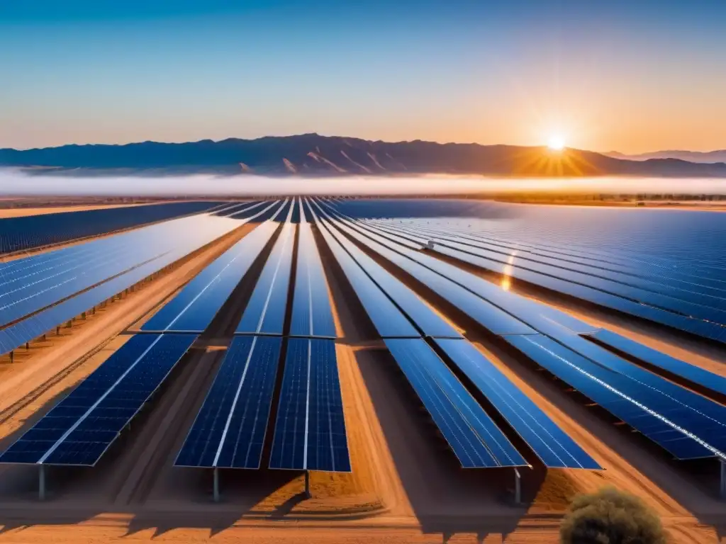 Proyectos internacionales energía solar: Granja solar al amanecer, paneles brillantes se extienden al horizonte bajo cielo azul