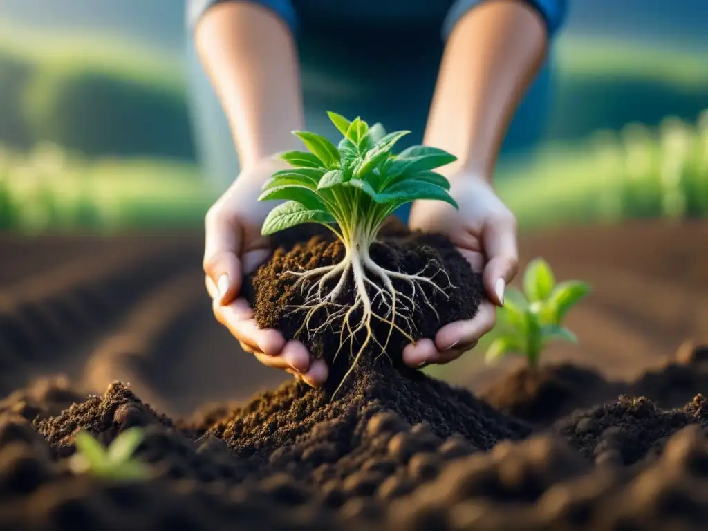 Raíces vibrantes se entrelazan en suelo fértil y oscuro, destacando la importancia de la agricultura regenerativa para recursos