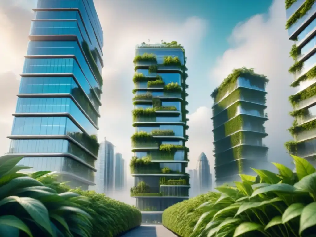 Edificio futurista eco-friendly con tecnología CO2 Un rascacielos futurista con tecnología integrada transformando CO2 en productos comerciales, en armonía con la naturaleza