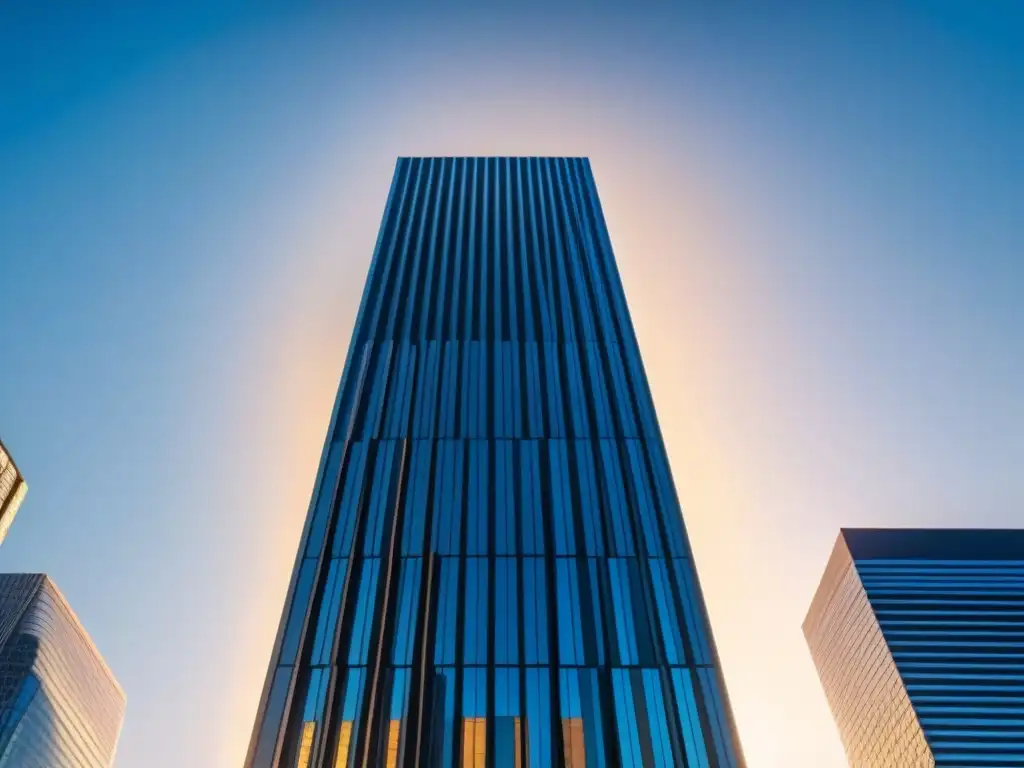 Rascacielos moderno de composites avanzados, reflejando la ciudad en su superficie pulida bajo el cielo azul