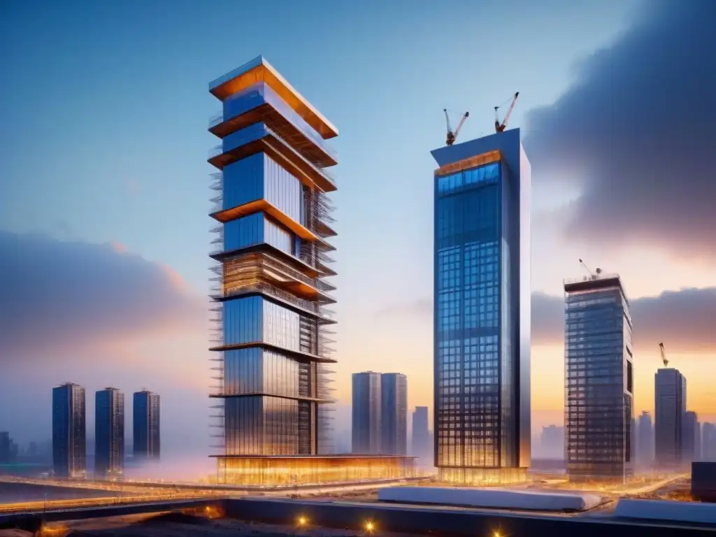 Edificio futurista en construcción con nanomateriales innovadores Un rascacielos moderno en construcción con materiales nanoreforzados, mostrando tecnología vanguardista