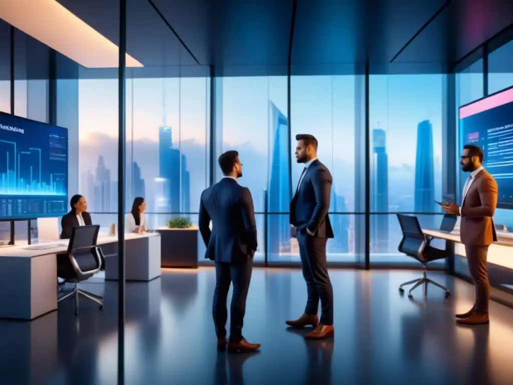 Reunión empresarial futurista en edificio de vidrio moderno Un rascacielos moderno con emprendedores diversificados preparando su pitch ganador para inversores tecnológicos