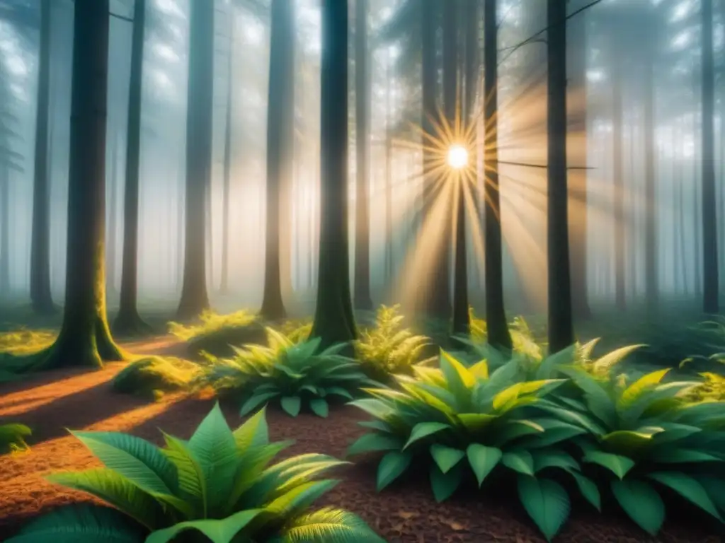 Rayos de sol iluminan un denso bosque al atardecer, creando hermosos juegos de luz y sombra