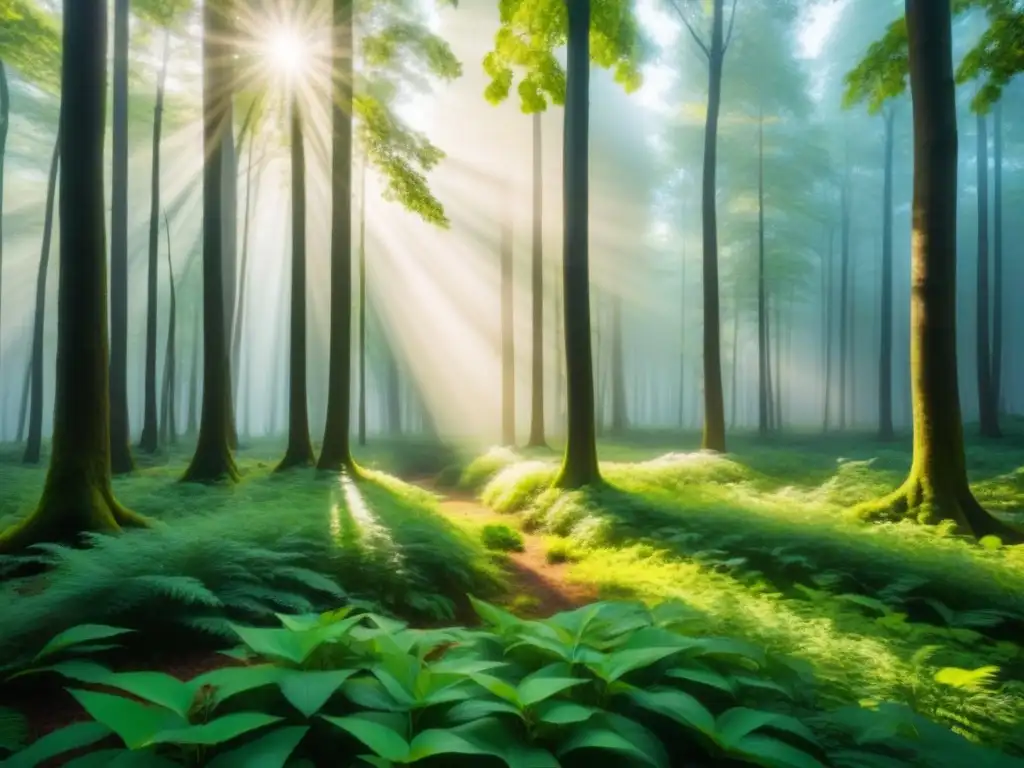 Rayos de sol filtrándose entre las hojas de un frondoso bosque verde, creando sombras danzantes en el suelo