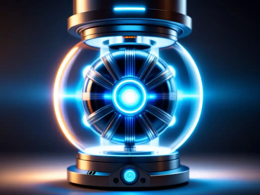 Reactor de fusión futurista con energía azul y blanca, tecnología avanzada para combatir el cambio climático