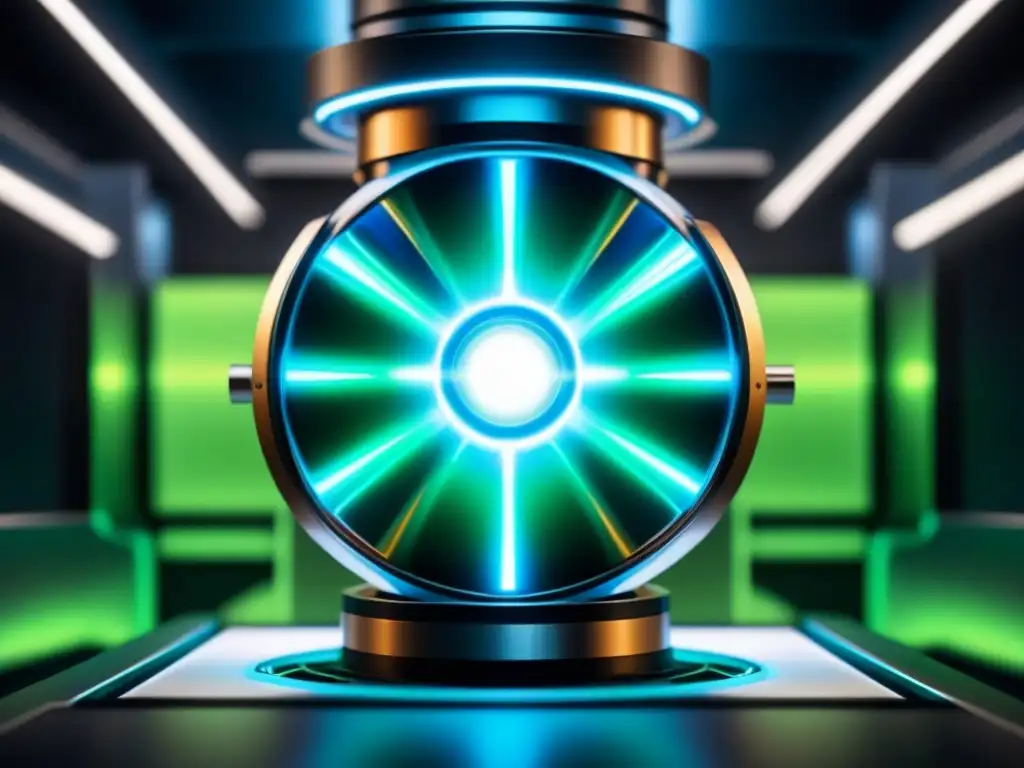 Un reactor de fusión futurista, iluminado en azul y verde sobre fondo negro