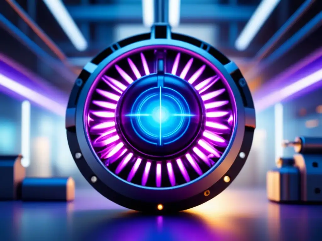 Un reactor de fusión futurista brilla en tonos azul y morado, rodeado de maquinaria compleja