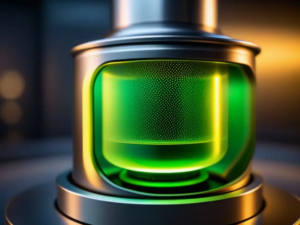 Un reactor industrial moderno lleno de nanopartículas metálicas, iluminado en verde para química verde