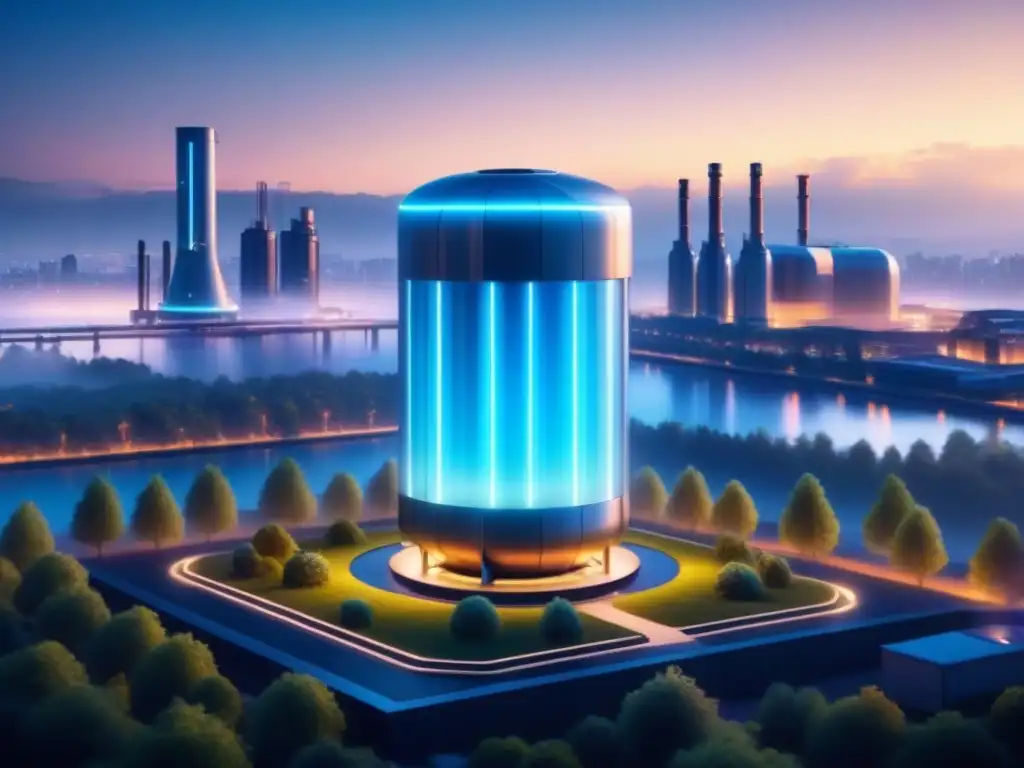 Un reactor modular futurista brillando en una ciudad avanzada al anochecer, con energía sostenible