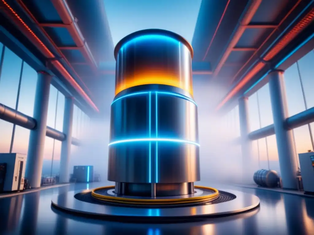 Un reactor de neutrones rápidos en un diseño futurista y minimalista, en una instalación científica con tecnología avanzada