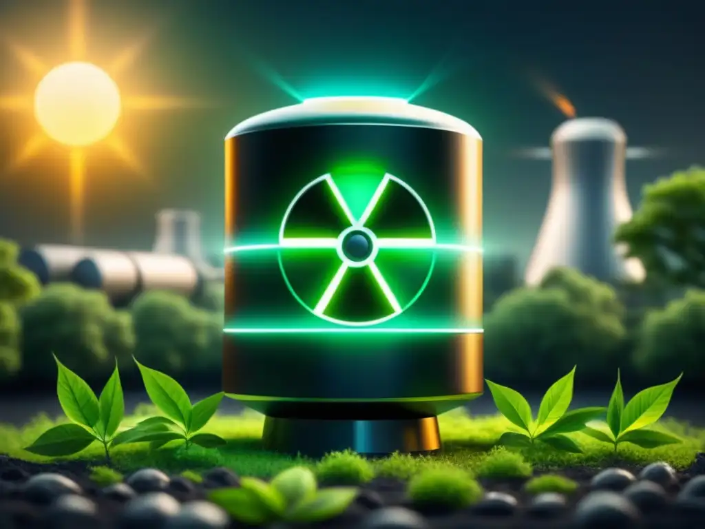 Un reactor nuclear brillante rodeado de símbolos de energía limpia en un fondo oscuro, representando la energía nuclear en un futuro de energías limpias