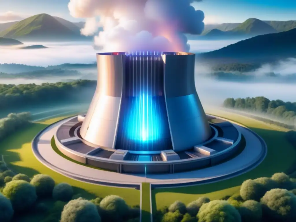 Un reactor de fusión nuclear futurista en un paisaje verde, simbolizando la armonía entre tecnología avanzada y sostenibilidad ambiental