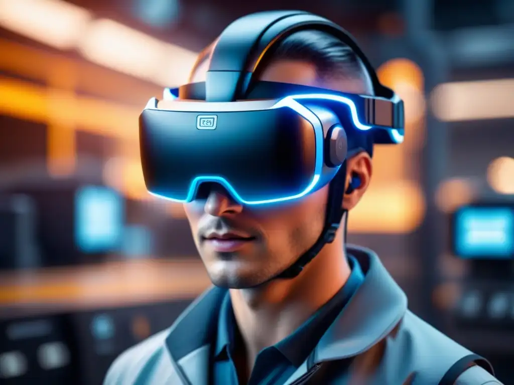 Realidad aumentada futurista junto a maquinaria industrial avanzada Realidad virtual en mantenimiento industrial: Un auricular futurista en un entorno industrial iluminado con datos digitales detallados