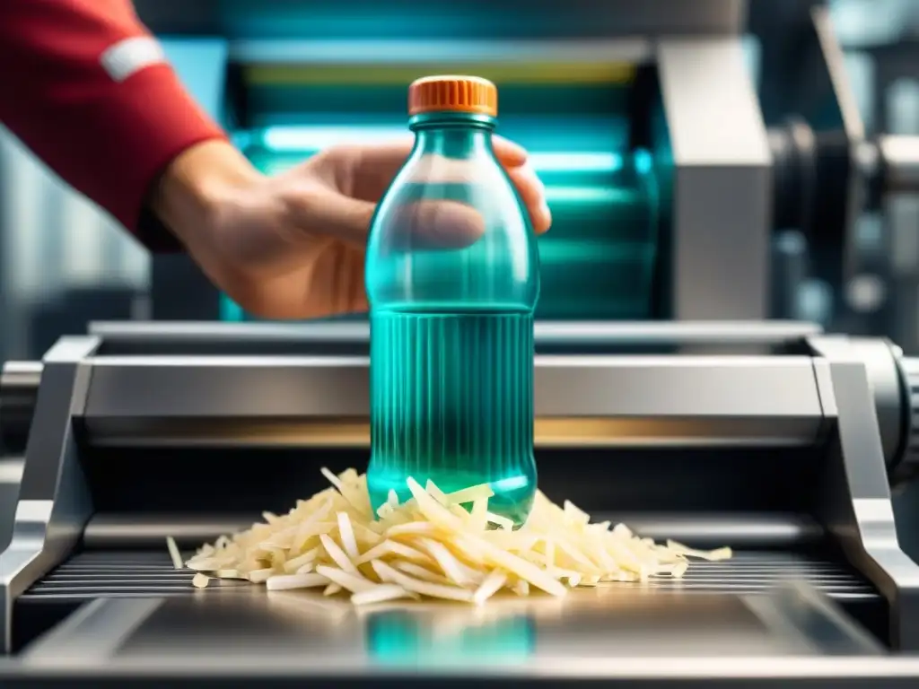 Reciclaje innovador de plásticos industriales: Máquina reciclando una botella de plástico en minúsculos pedazos con precisión