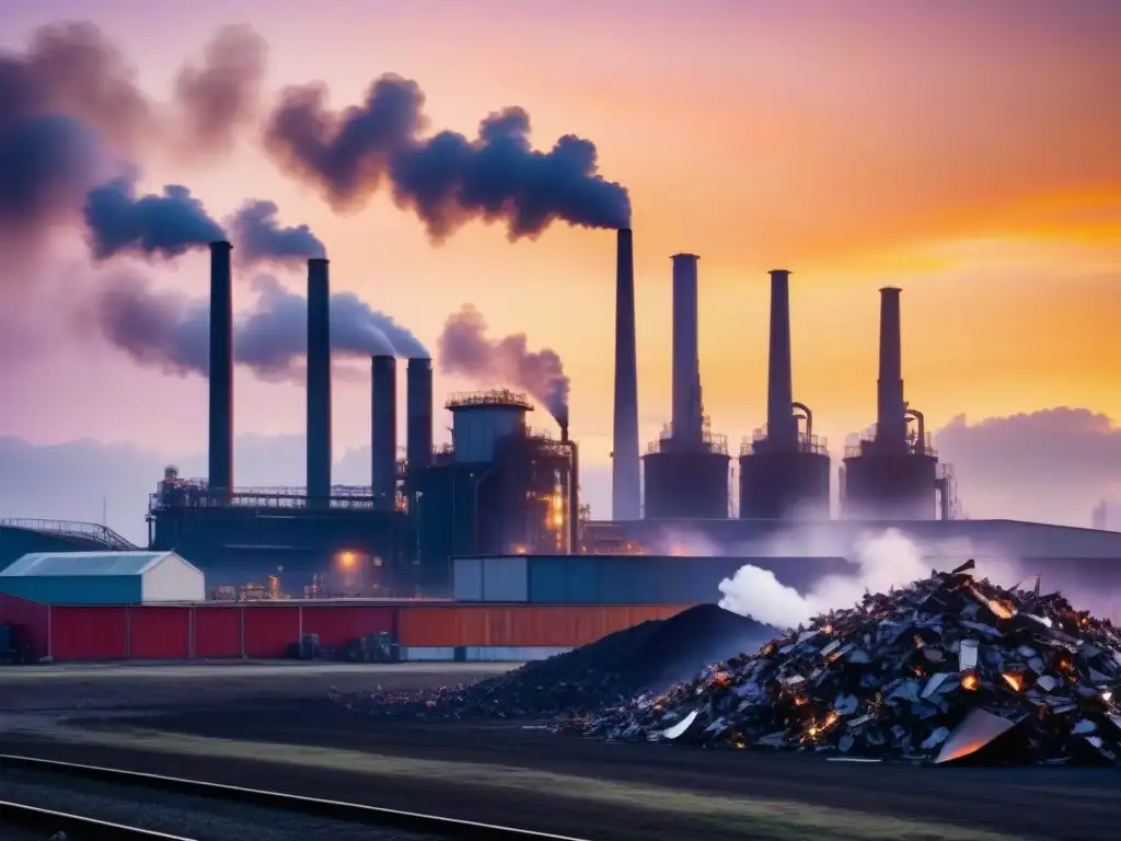 Reciclaje de metales sostenible industria: Planta de reciclaje industrial al atardecer, con chimeneas emitiendo humo contra un cielo anaranjado y morado