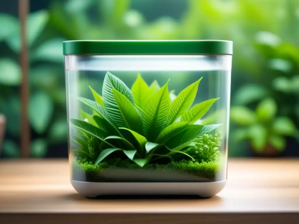 Un recipiente transparente de bioplástico lleno de plantas verdes vibrantes, mostrando avances en bioplásticos sostenibles