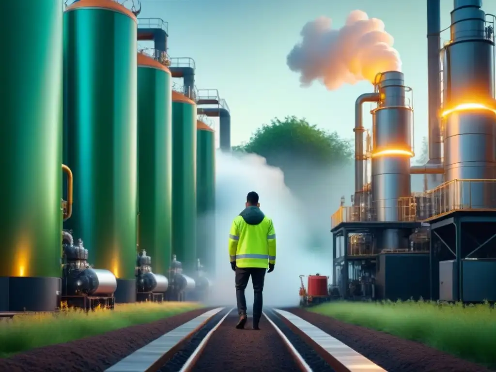 Recuperación de energía en industrias: Planta industrial moderna convierte calor en energía verde vibrante