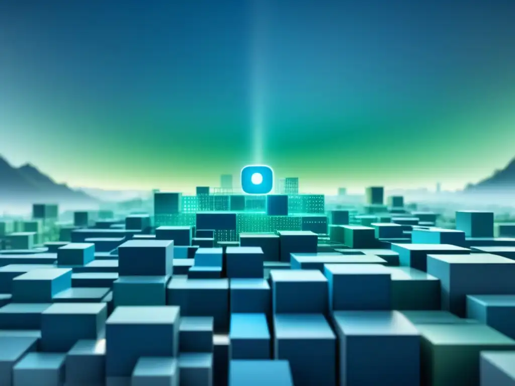 Red de bloques para seguridad industrial: innovación en blockchain Red de bloques interconectados en tonos azul y verde simbolizando seguridad en empresas, casos éxito blockchain