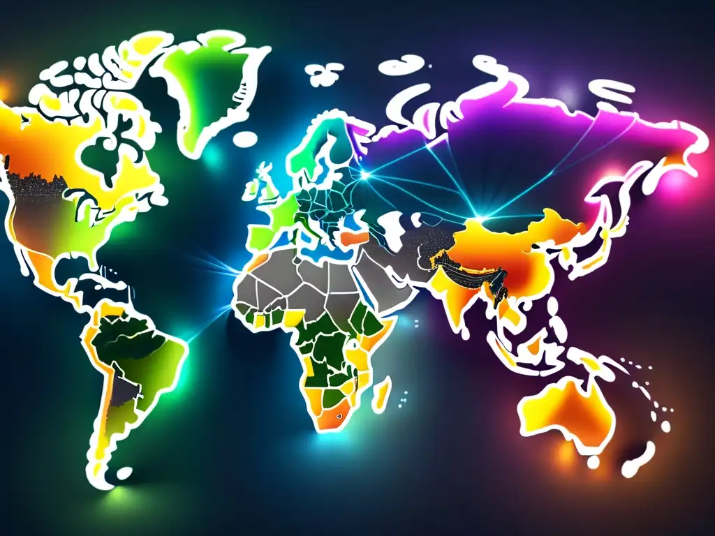 Red de cables de fibra óptica brillantes conecta un mapa mundial, simbolizando avances en fotónica para mejorar conectividad global