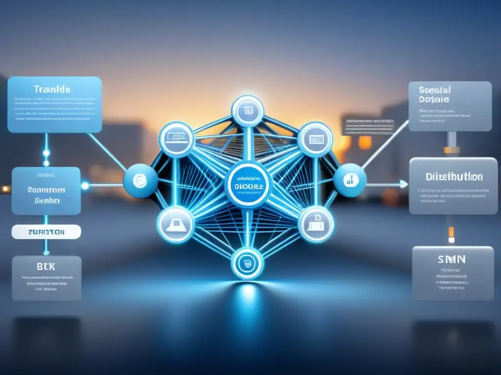 Una red de cadena de suministro digital detallada y eficiente, con nodos interconectados que representan diversas etapas de producción y distribución