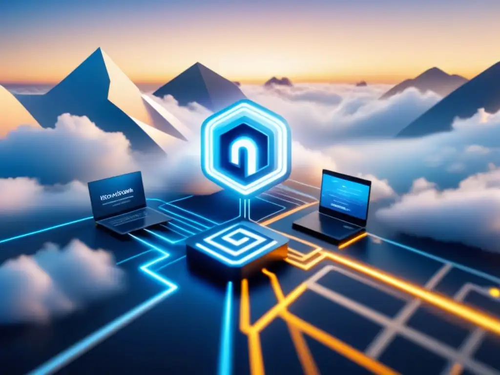 Red de logística moderna con blockchain: innovación en supply chain Una red de cadena de suministro moderna con nodos conectados por tecnología blockchain, en azules y blancos