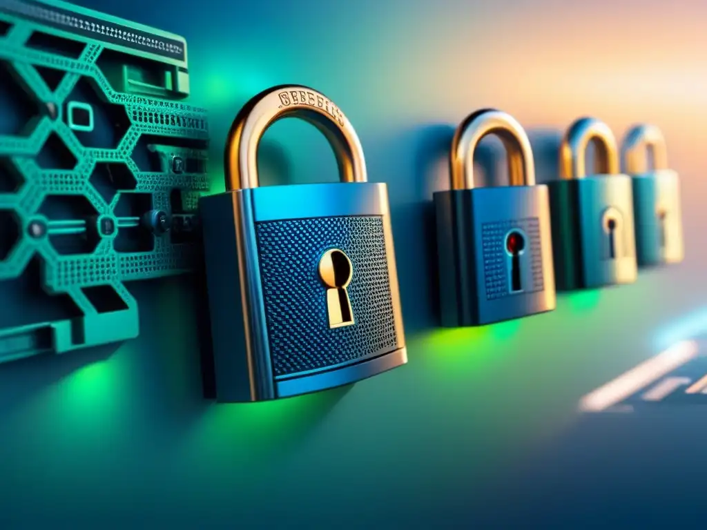 Una red de cerraduras digitales únicas y complejas, con llaves ornamentadas, flotando en un código binario