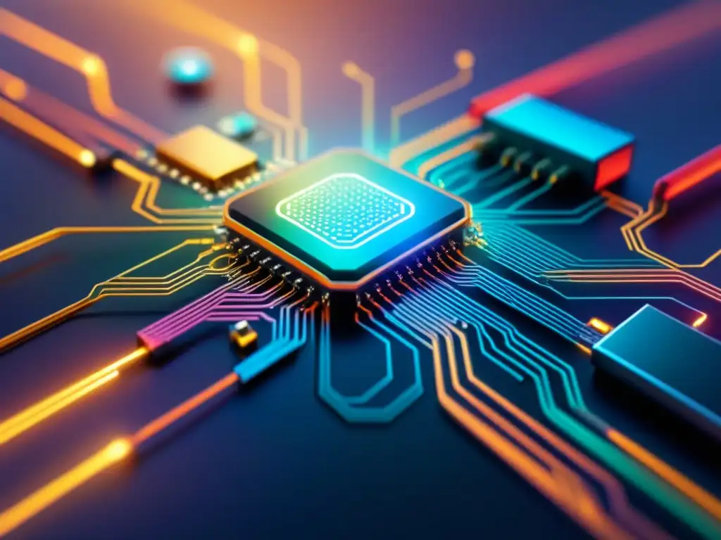 Una red de circuitos electrónicos en IoT con detalles impresionantes de electrónica impresa