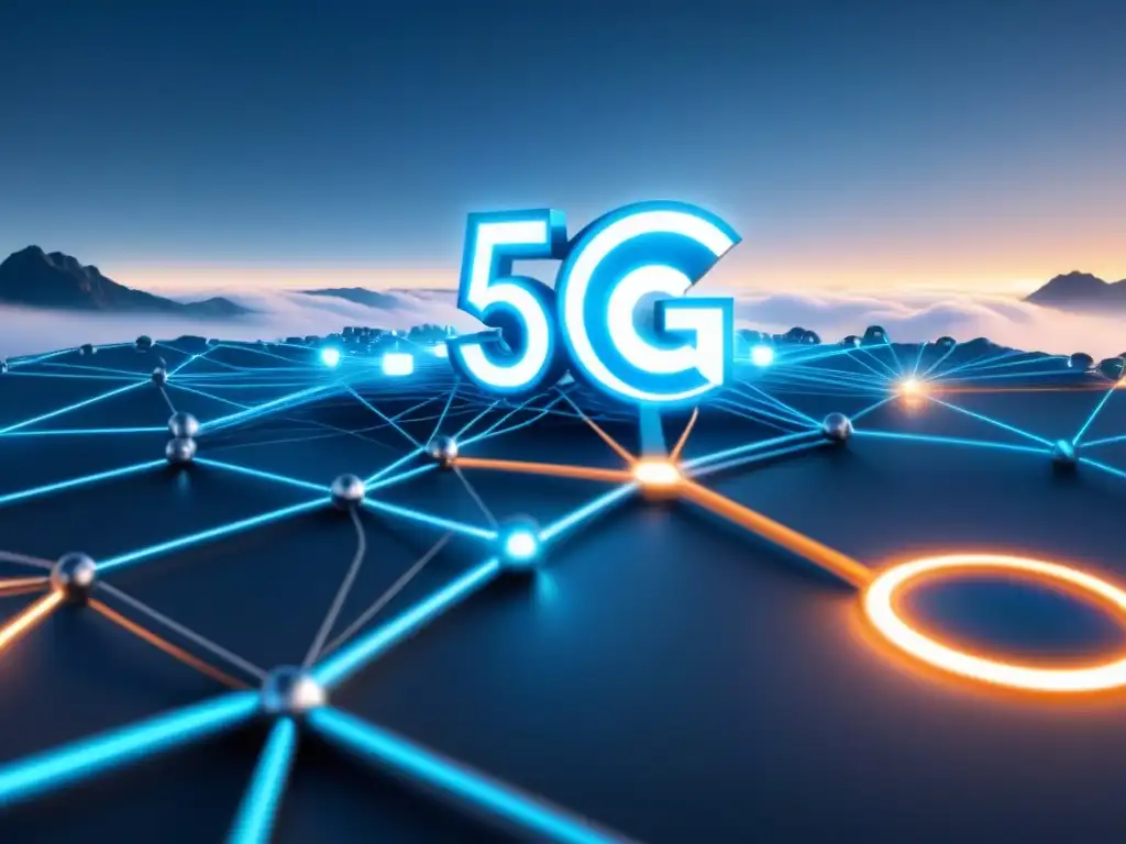 Red digital interconectada simbolizando riesgos seguridad en redes 5G industrias, con líneas modernas y esquema de color monocromático