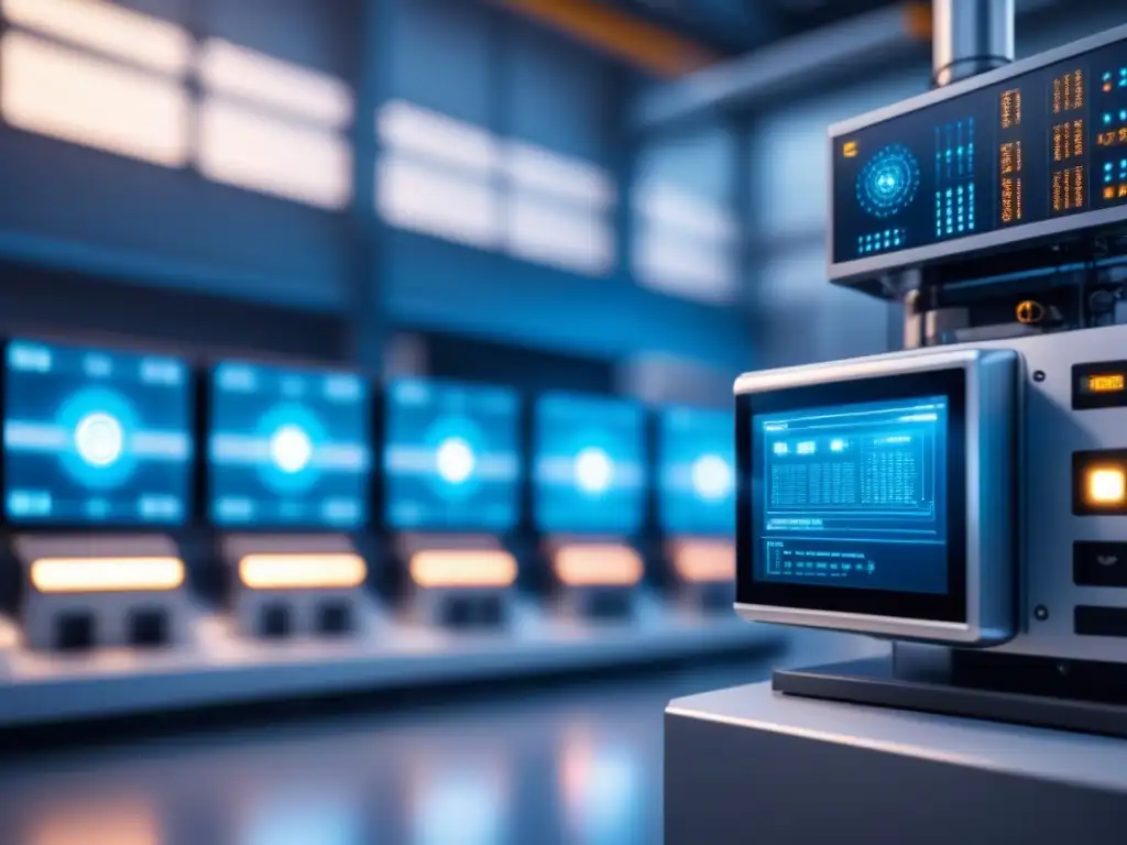 Red de dispositivos IIoT en fábrica futurista Red de dispositivos industriales conectados en una fábrica futurista iluminados en azul, reflejando Seguridad en IIoT revolucionando industria