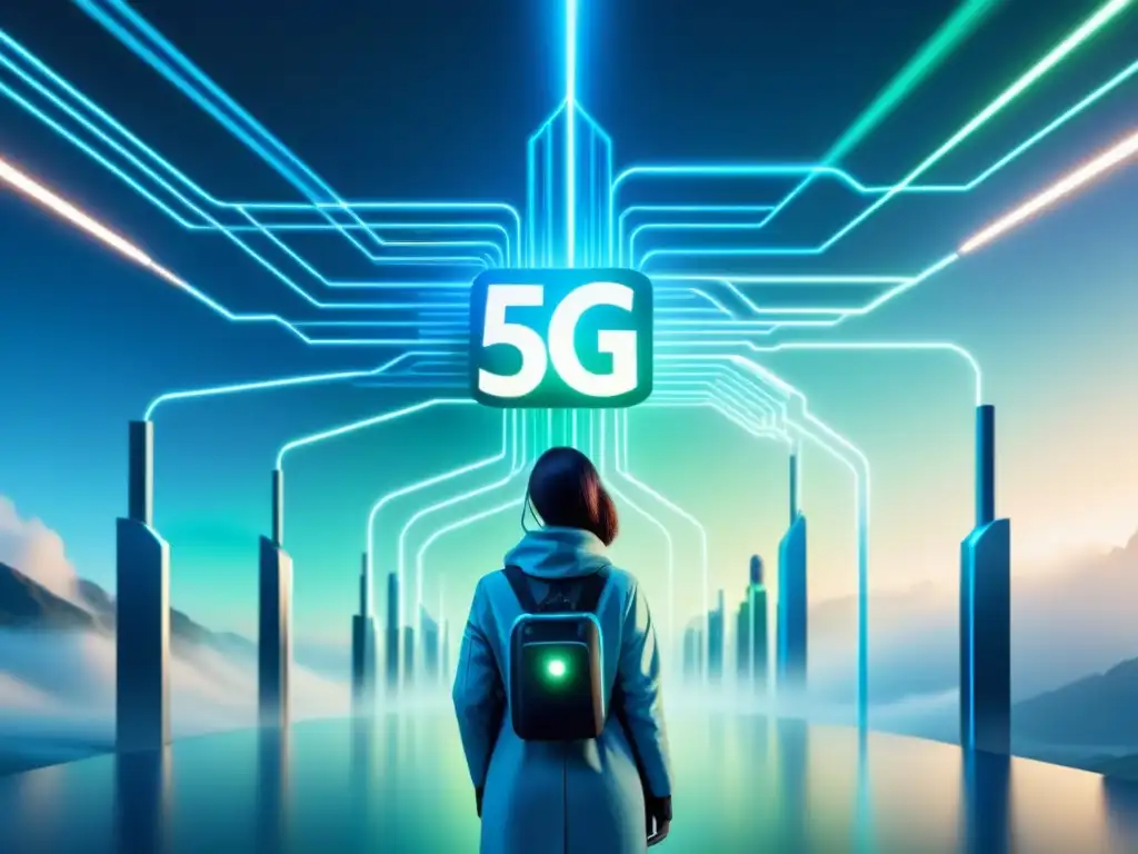 Red interconectada 5G: dispositivos futuristas en red Red de dispositivos interconectados en entorno 5G, flujo de datos seguro