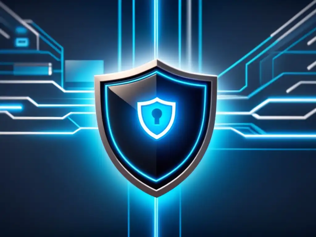 Red de dispositivos protegidos por un escudo de código binario, representando la prevención de ataques cibernéticos en telecomunicaciones