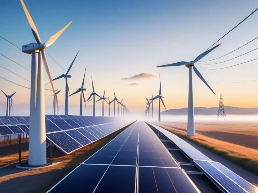 Red de energía renovable: desafíos y conexiones Una red enredada de líneas de energía, molinos de viento, paneles solares y unidades de almacenamiento, simbolizando la complejidad de la transición energética