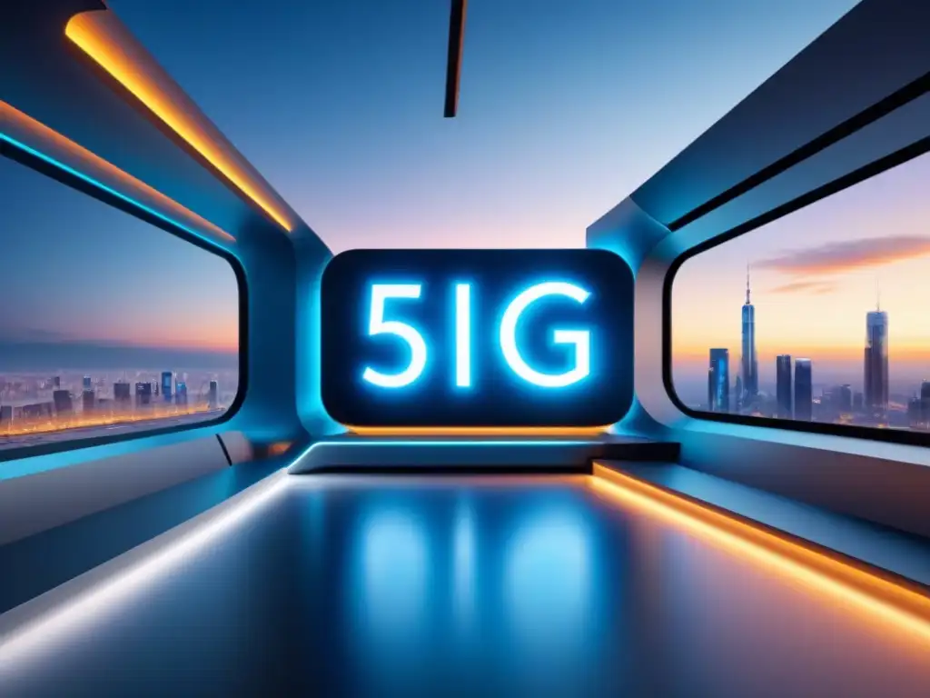 Una red futurista de dispositivos interconectados en un ecosistema 5G avanzado, mostrando la adaptación de empresas