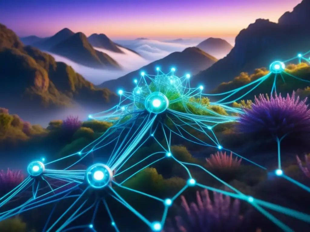 Una red futurista interconectada de nodos y líneas brillantes, simbolizando la integración de sistemas sin errores