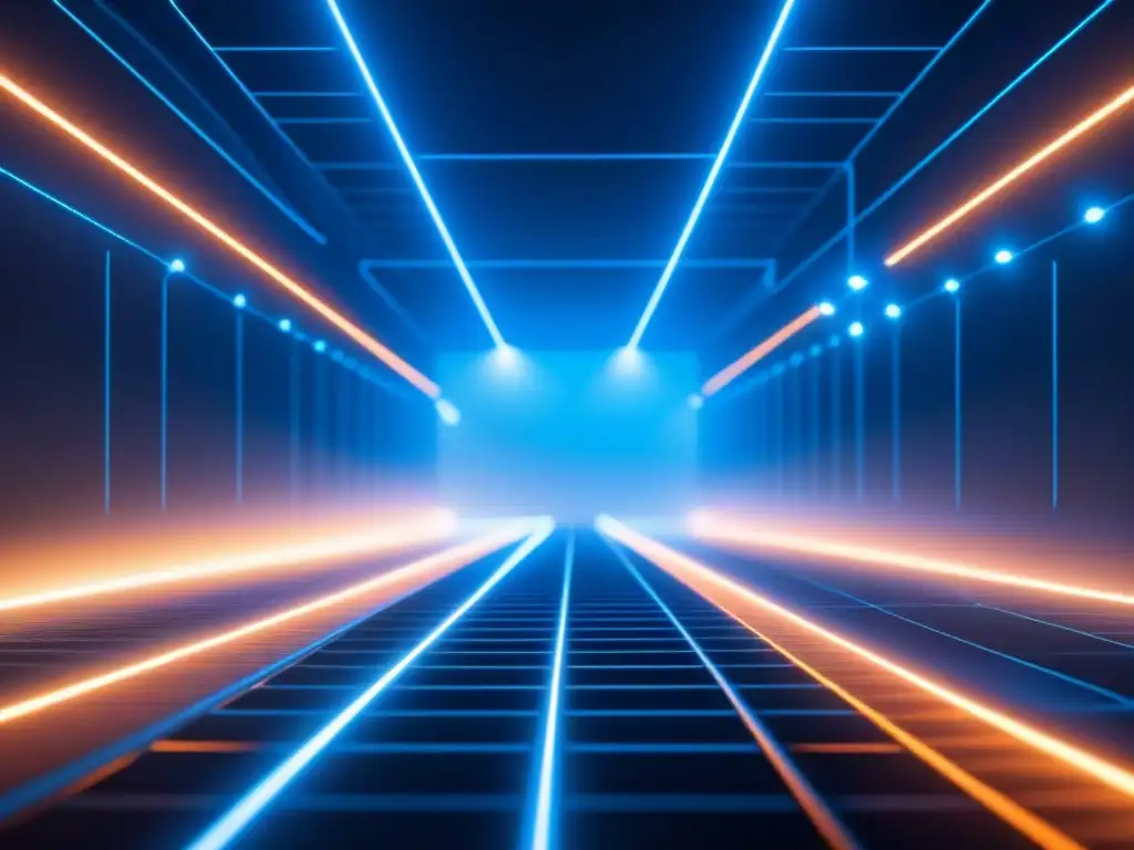 Red futurista de metales superconductores en redes eléctricas, brillando en azul sobre fondo oscuro