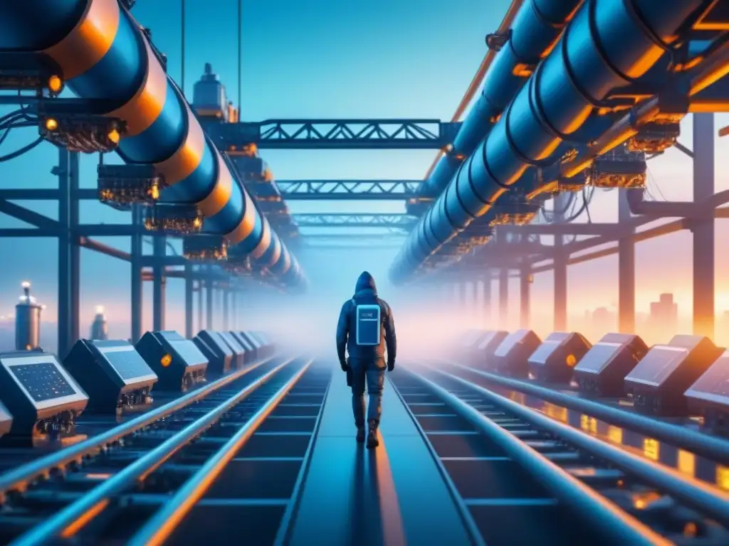 Red de blockchain en entorno industrial: seguridad y eficiencia Una red industrial protegida por nodos blockchain, simbolizando seguridad y eficiencia en tecnología blockchain seguridad industrial