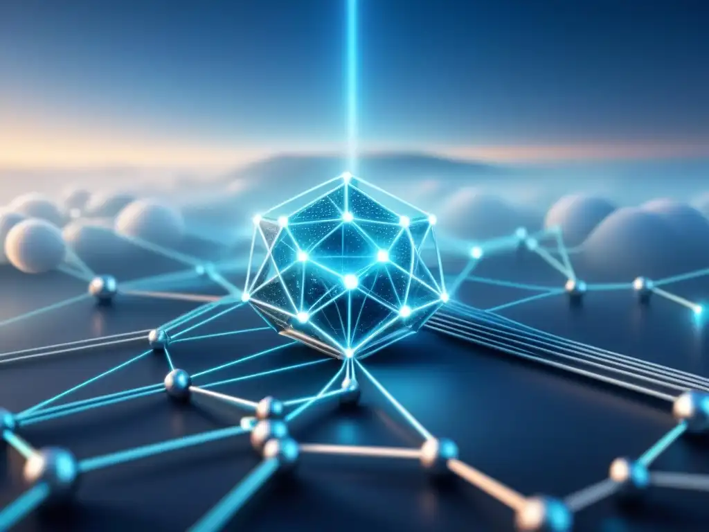 Red de nodos blockchain: flujo de información y recursos Una red interconectada en azules y tonos metálicos, simbolizando la fluidez en la cadena de suministro con tecnología blockchain en interoperabilidad