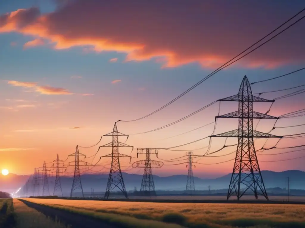 Una red interconectada de líneas de energía y torres eléctricas en un atardecer vibrante, simbolizando el almacenamiento de energía en redes