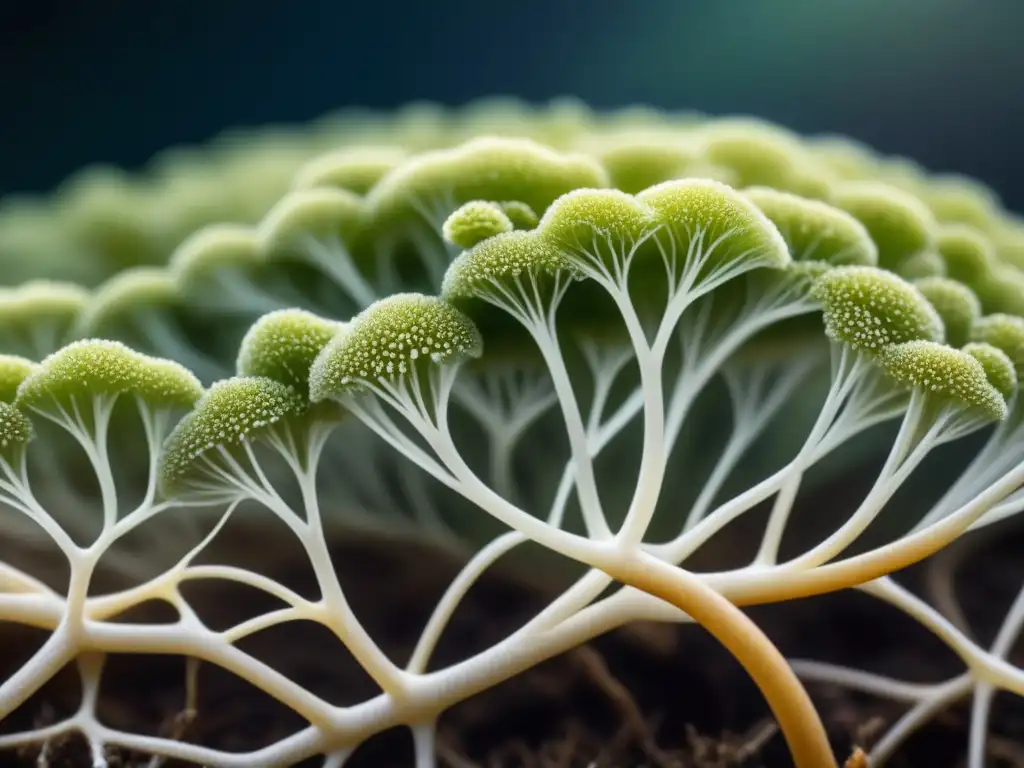 Una red intrincada de micelio se entrelaza para formar un material sostenible y biodegradable, destacando la biofabricación de materiales sostenibles