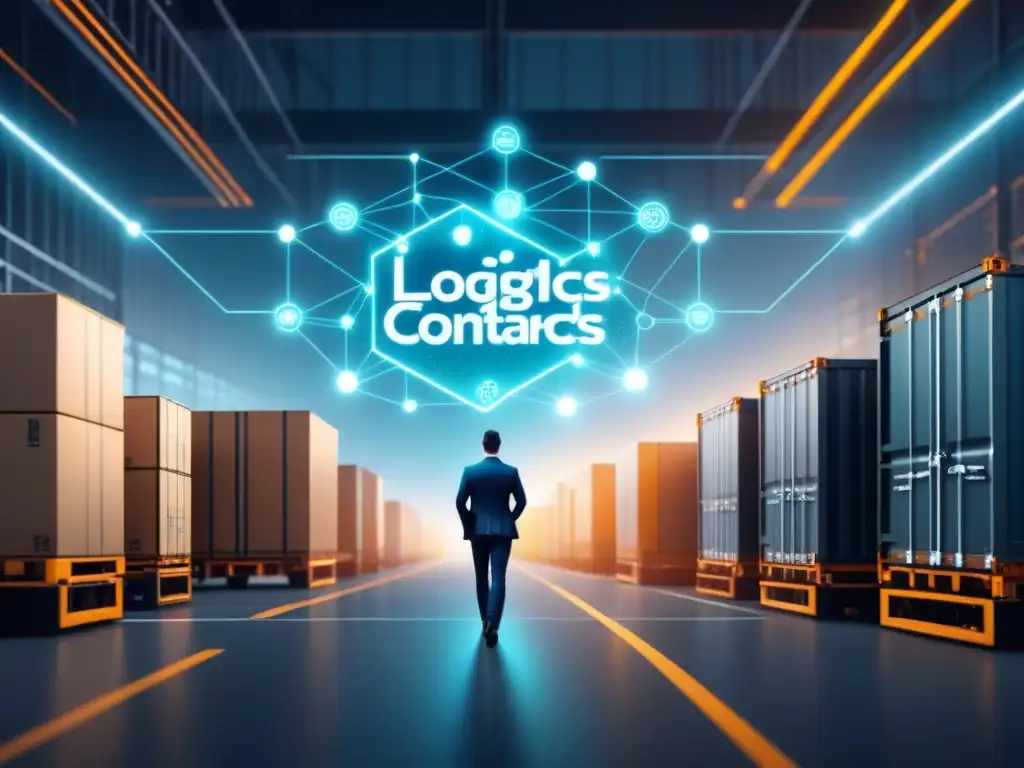 Red Logística Inteligente: Eficiencia y Transparencia en Smart Contracts Una red logística compleja con nodos interconectados y contratos inteligentes, destacando eficiencia y transparencia