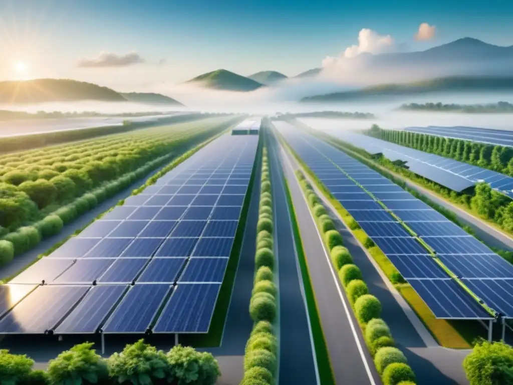 Red de logística verde sostenible en cadena de suministro, con paneles solares, vehículos eléctricos y naturaleza exuberante