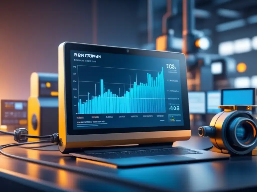 Una red de maquinaria industrial conectada con elementos de visualización de datos, en tonos industriales