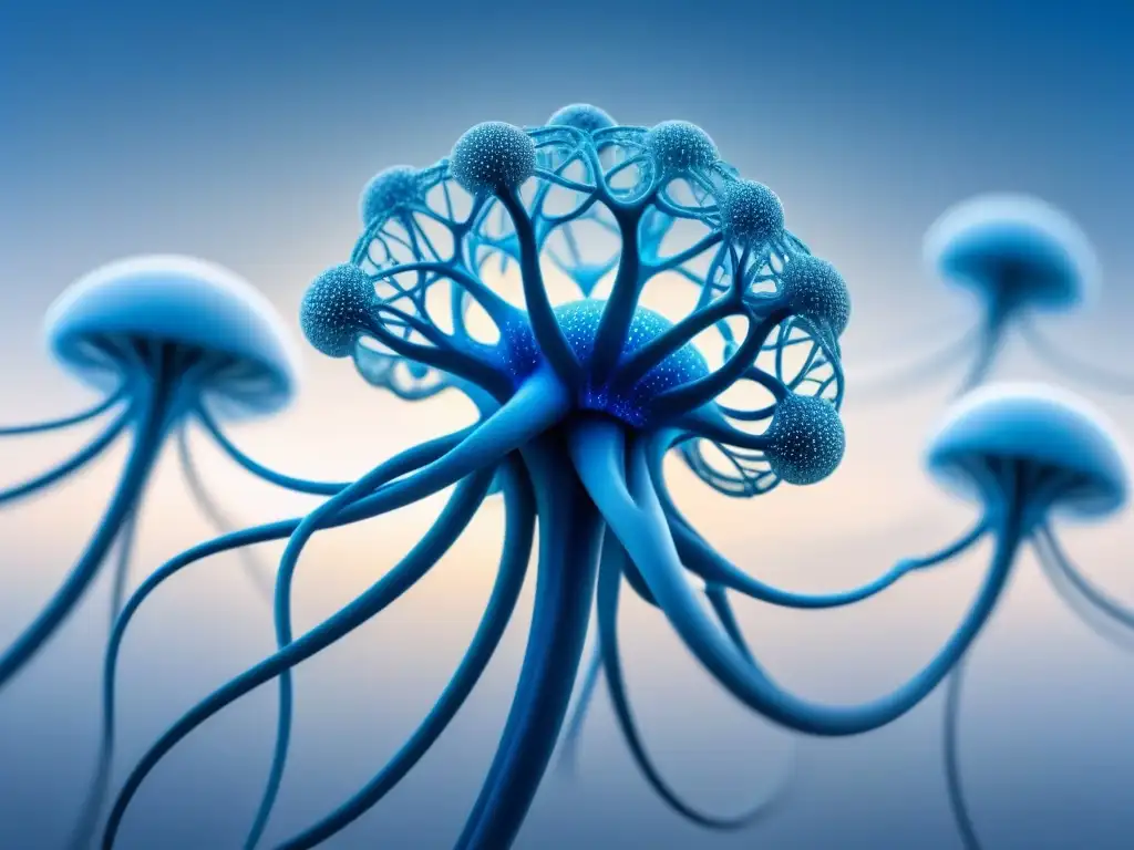 Una red de neuronas interconectadas en tonos azules y plateados, con un toque futurista y brillante, sobre fondo blanco