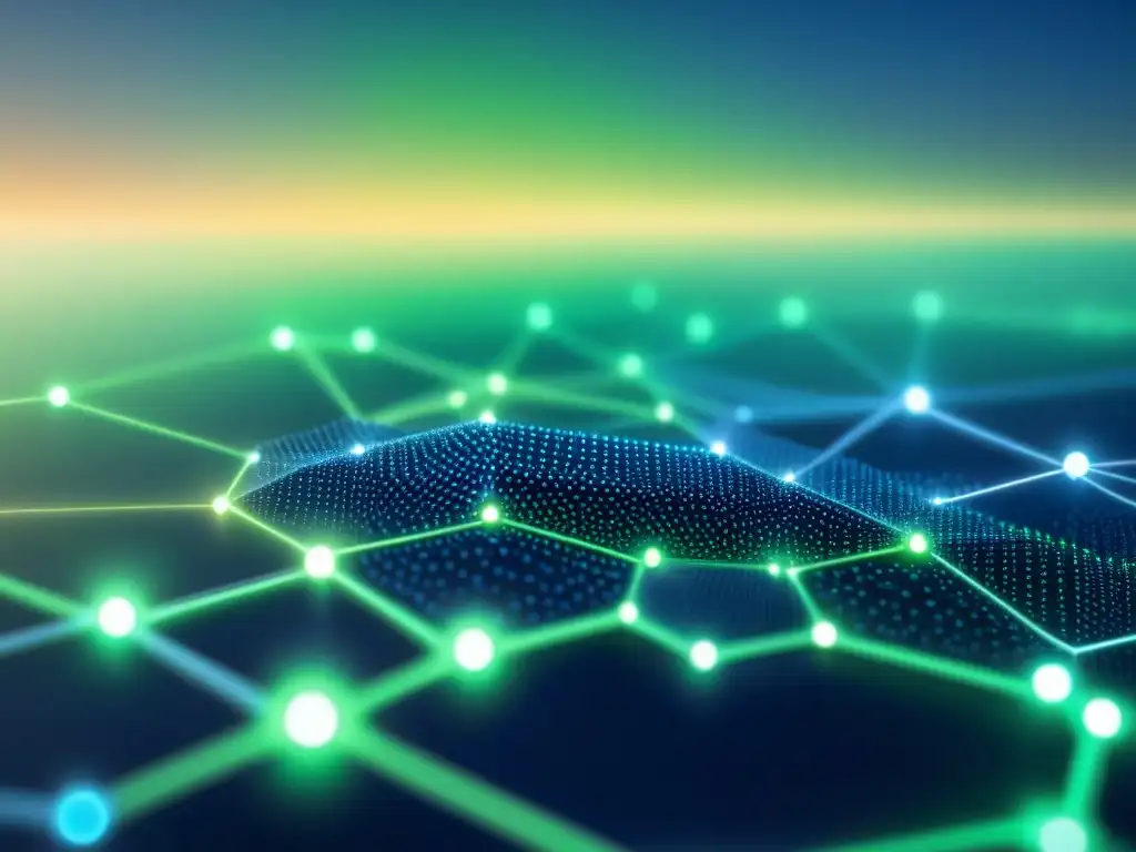 Red de nodos de blockchain: moderna y segura Una red de nodos blockchain luminosos y conectados en un diseño minimalista