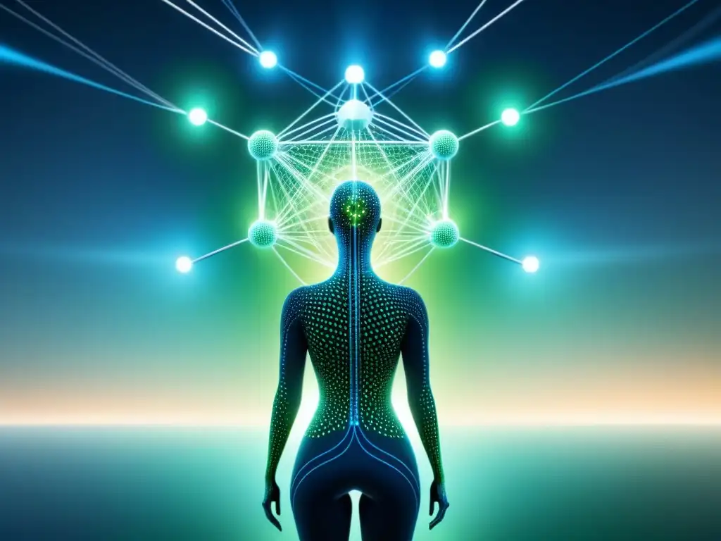 Red de Datos AI para Marketing Innovador Red de nodos interconectados iluminados en tonos azules y verdes, simbolizando Marketing con IA para análisis de clientes