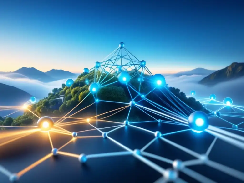 Ciberseguridad: Redes interconectadas en azul Una red de nodos interconectados en tonos azules representa la ciberseguridad en gestión del cambio tecnológico