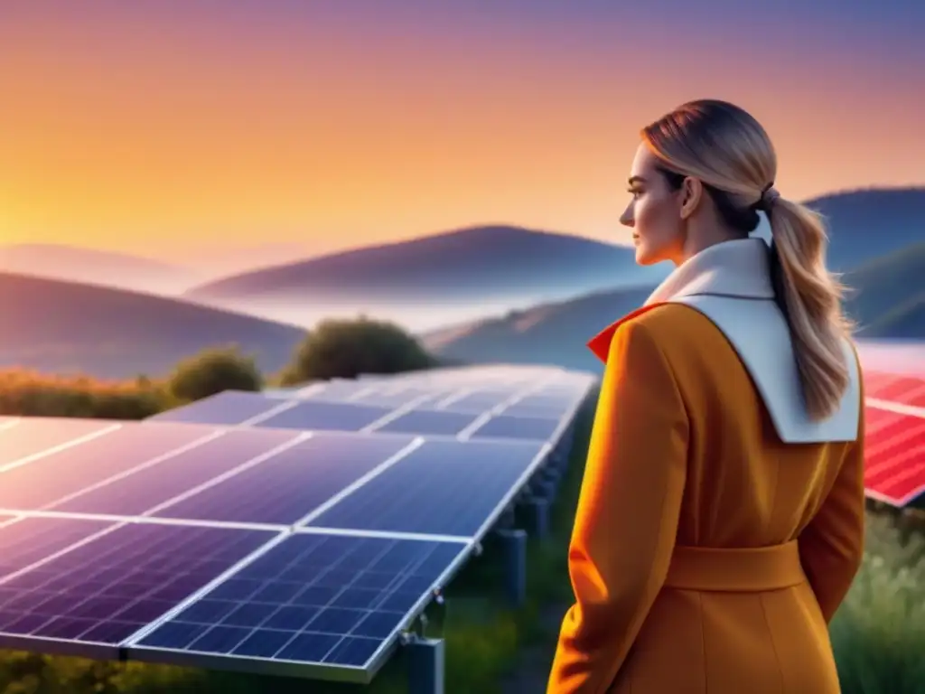 Red de paneles solares conectados frente a un atardecer vibrante, simbolizando la integración de polímeros en la innovación de energías renovables