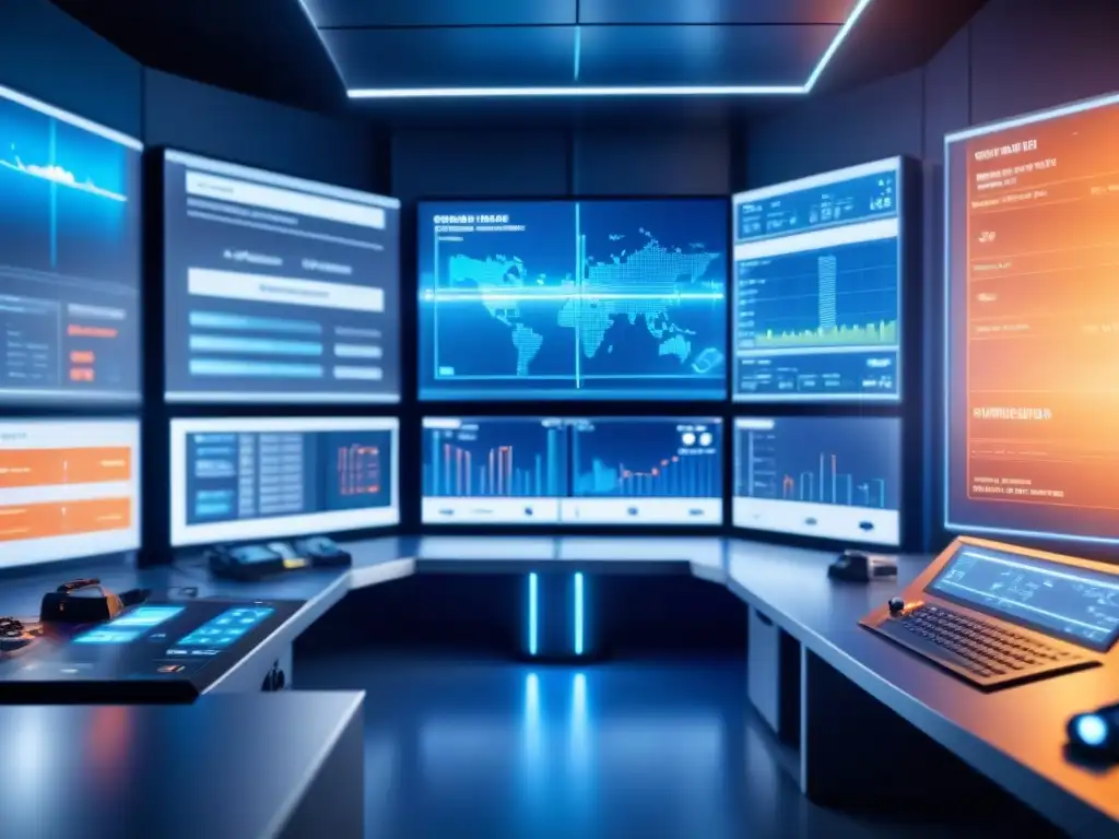 Una red de sensores interconectados emitiendo una sutil luz en una sala de control futurista